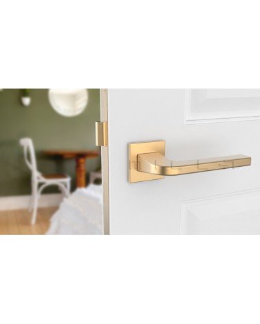 Tirador de puerta ISMENA oro mate tirador de diseño montado en una puerta