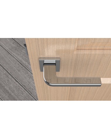 Tirador de puerta ISMENA cromo pulido tirador de diseño vista desde arriba montado en una puerta