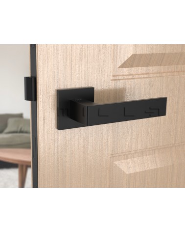 Maneta de puerta negra Apollo diseño vista frontal montada en una puerta