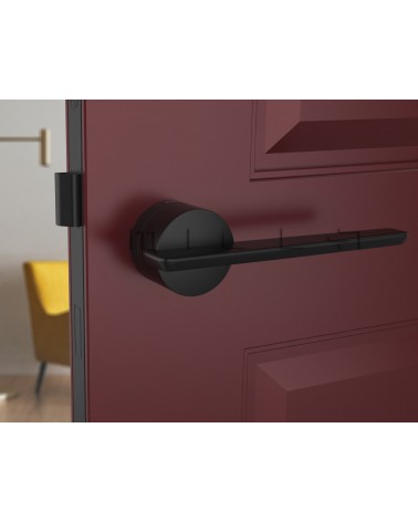 Manilla de puerta negra JUMELLE manilla de diseño vista frontal montada en una puerta