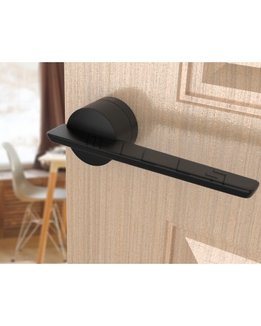 Manilla de puerta negra JUMELLE manilla de diseño vista inclinada montada en una puerta