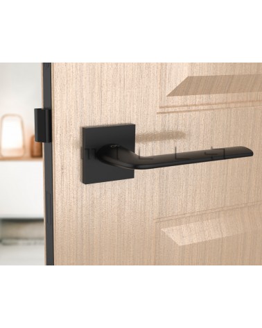 Tirador de puerta negra STINGER tirador de diseño vista de frente montada en una puerta