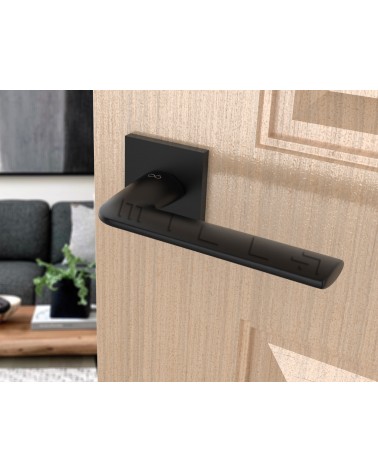 Tirador de puerta negra STINGER tirador de diseño vista inclinada montada en una puerta
