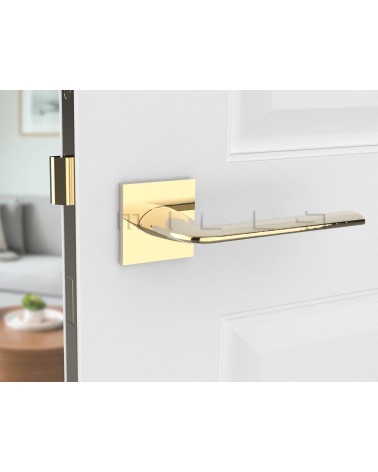 Manija de puerta dorada STINGER diseño vista frontal montada en una puerta