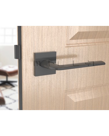 Manija de puerta titanio STINGER diseño vista frontal montada en una puerta