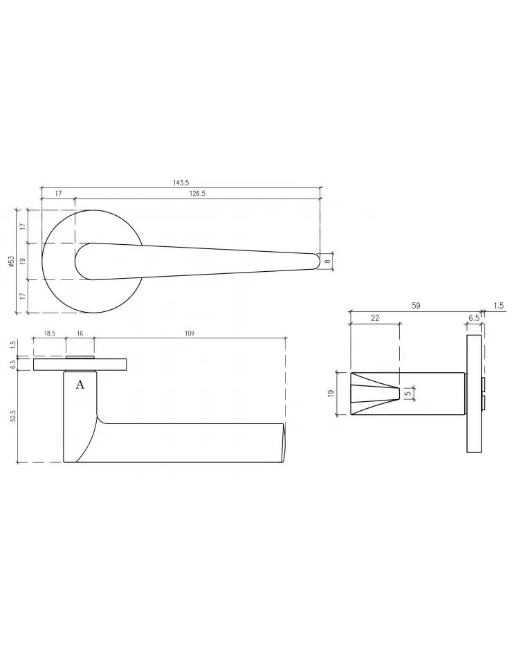 Palanca de puerta sobre placa redonda ARNICA con dimensiones