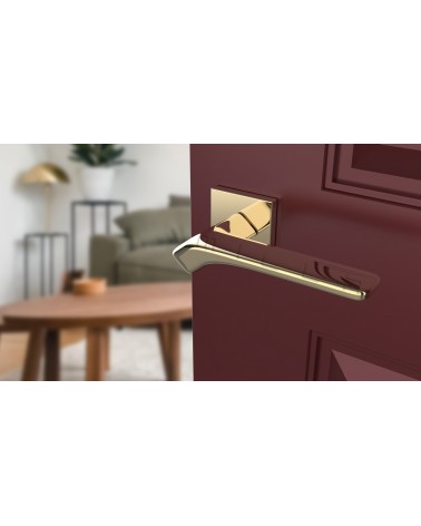 Manija de puerta sobre placa cuadrada BERGERIA manija de diseño vista superior inclinada montada en una puerta
