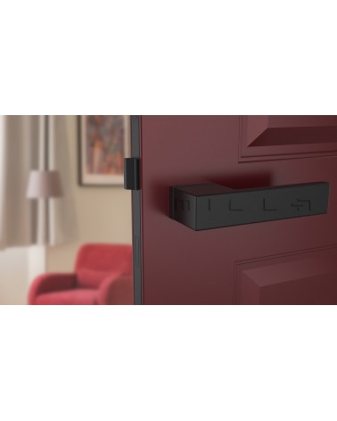Palanca de puerta sobre placa oculta CARLINA diseño montada en una puerta entreabierta