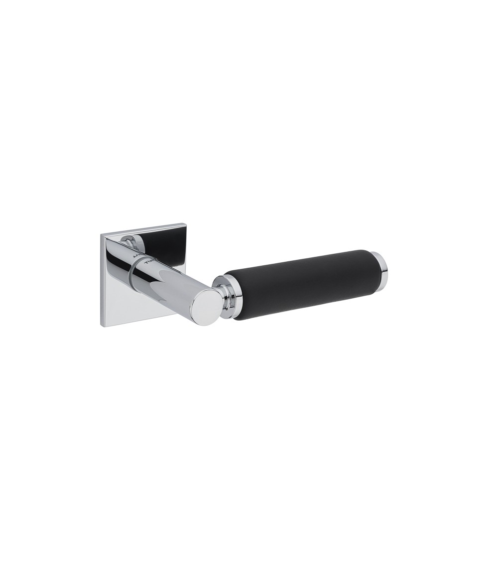 Manilla de puerta cromo pulido en cuero negro TUPAI 4200/202 cuadrada - manilla design