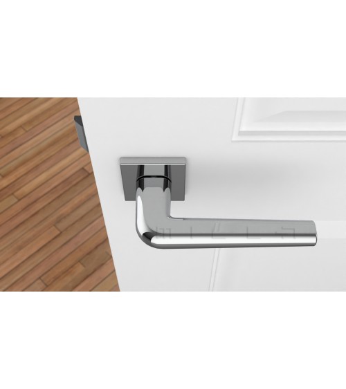 Manilla de puerta cromada pulida sobre placa cuadrada FUNKIA - manilla de diseño