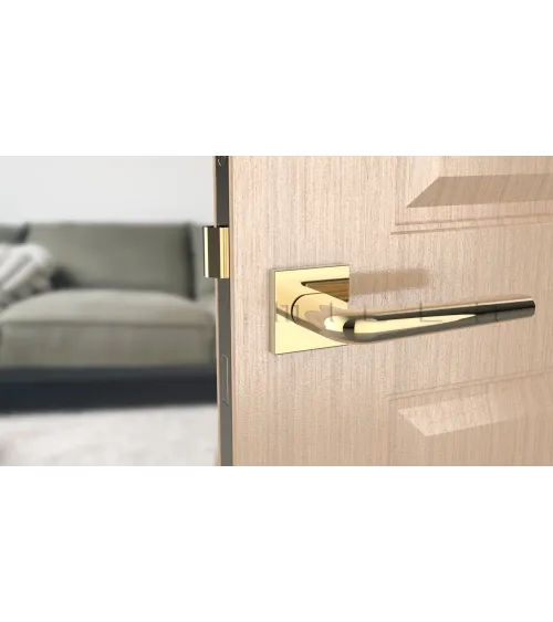 Manilla de puerta en cromo pulido sobre placa cuadrada FUNKIA - tirador de diseño