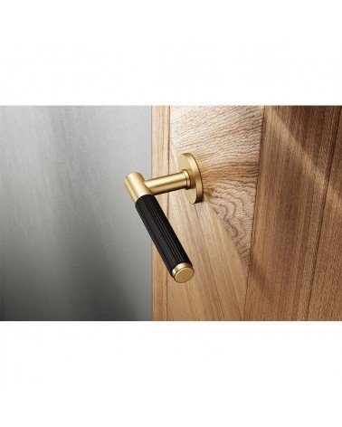 Tiradores de puerta bicolor Slim diseño dorada y negra montada en una puerta