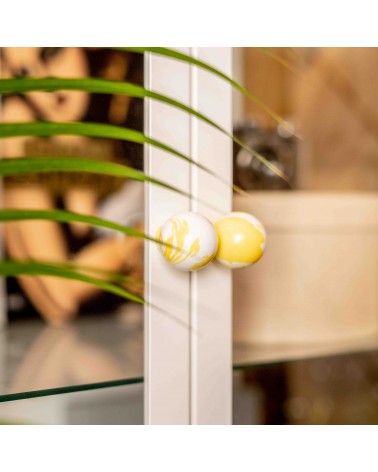 Botón de mueble de madera de haya amarilla tirador de diseño vista cercana ligeramente inclinada montada en una puerta acristala