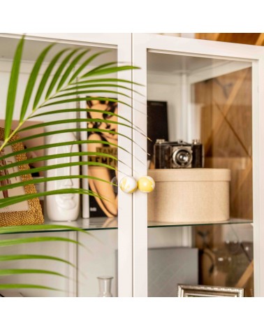 Botón de mueble de madera de haya amarilla tirador de diseño vista ligeramente inclinada con una hoja verde fijada en una puerta