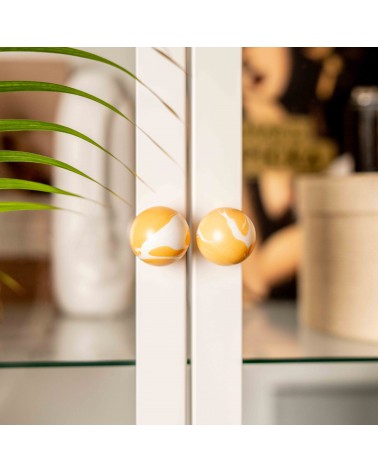 Botón de mueble de madera de haya naranja, tirador de diseño en primer plano visto de frente montado en una puerta acristalada