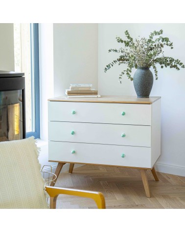 Botón de mueble de madera de haya verde intenso, tirador de diseño instalado en una cómoda blanca con una planta en maceta encim