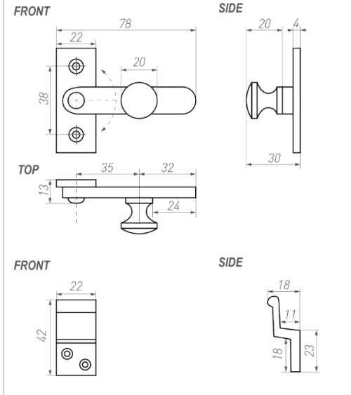Pestillo de puerta de hierro LM con gancho - herraje de diseño