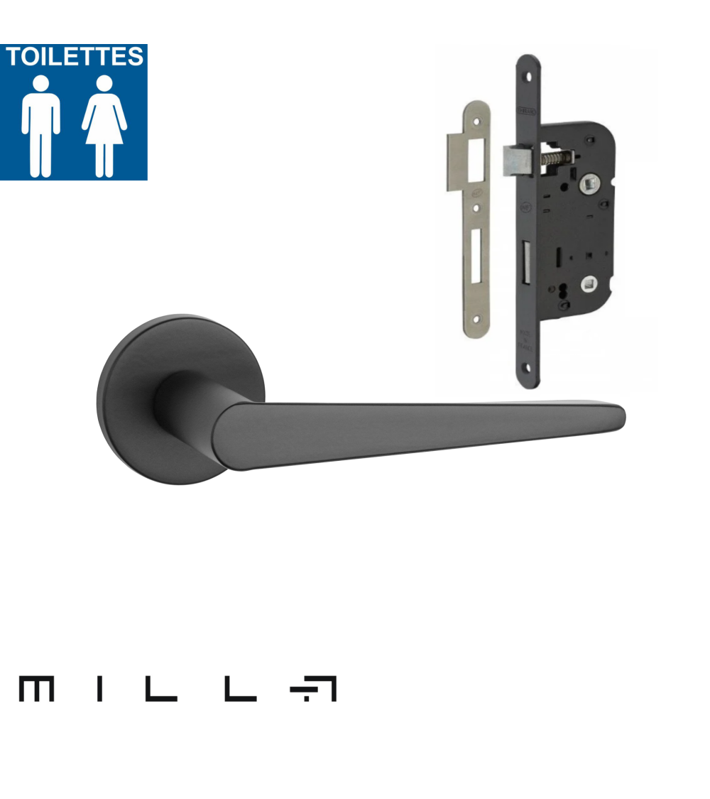Tirador de puerta negro con una cerradura WC negra para una puerta de baño sobre fondo blanco