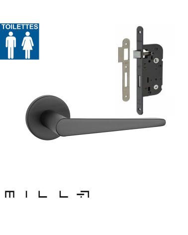 Tirador de puerta negro con una cerradura WC negra para una puerta de baño sobre fondo blanco