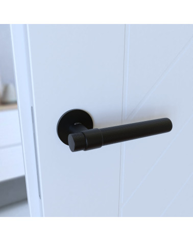 Tirador de puerta negra GHOST diseño montada en una puerta vista inclinada
