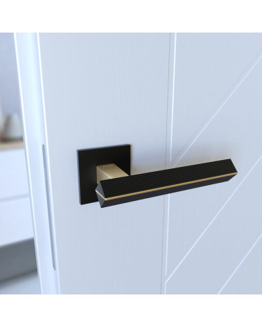 Palanca de puerta bicolor oro mate/negro CARRERA palanca de diseño montada en una puerta vista inclinada