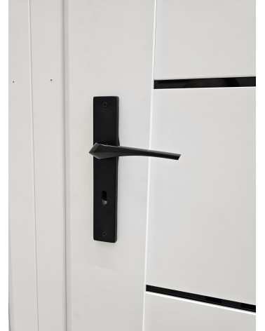 Manija de puerta negra ADEL sobre una puerta blanca, vista de cerca