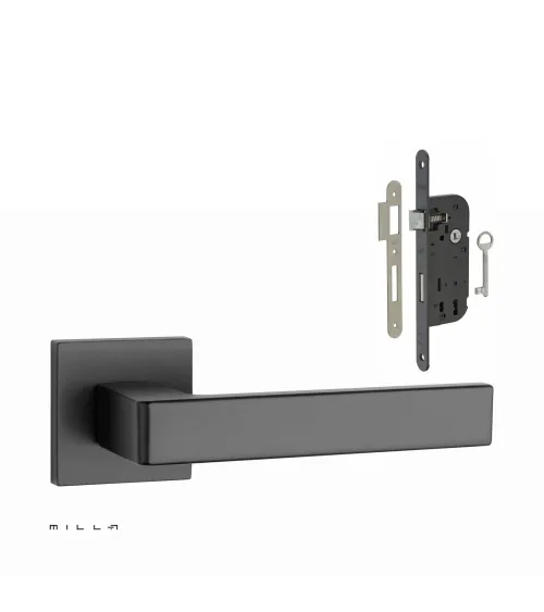 Set de tirador de puerta negra SULLA con la cerradura Llave de Habitación negra sobre fondo blanco