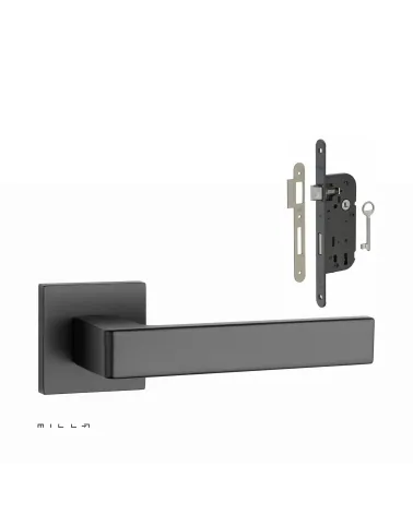Set de tirador de puerta negra SULLA con la cerradura Llave de Habitación negra sobre fondo blanco