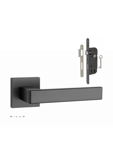 Set de tirador de puerta negra SULLA con la cerradura Llave de Habitación negra sobre fondo blanco