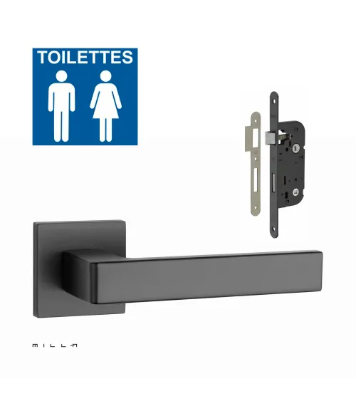 Set de tirador de puerta negra SULLA con la cerradura WC negra sobre fondo blanco