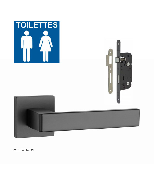 Set de tirador de puerta negra SULLA con la cerradura WC negra sobre fondo blanco