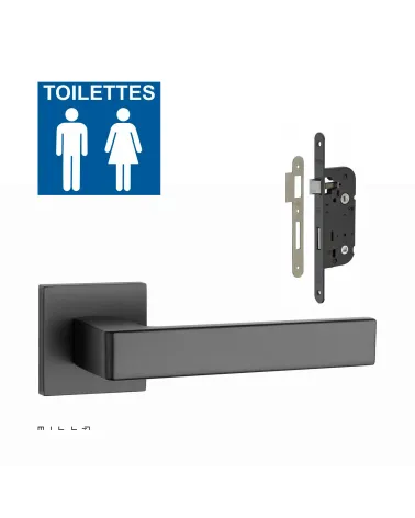 Set de tirador de puerta negra SULLA con la cerradura WC negra sobre fondo blanco