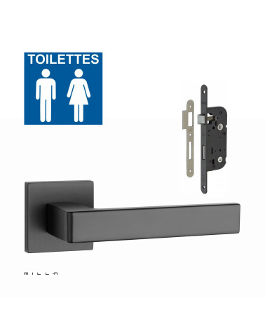 Set de tirador de puerta negra SULLA con la cerradura WC negra sobre fondo blanco