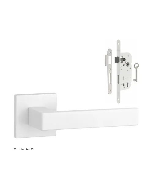 Set de tirador de puerta blanca SULLA con la cerradura Llave de Habitación blanca sobre fondo blanco