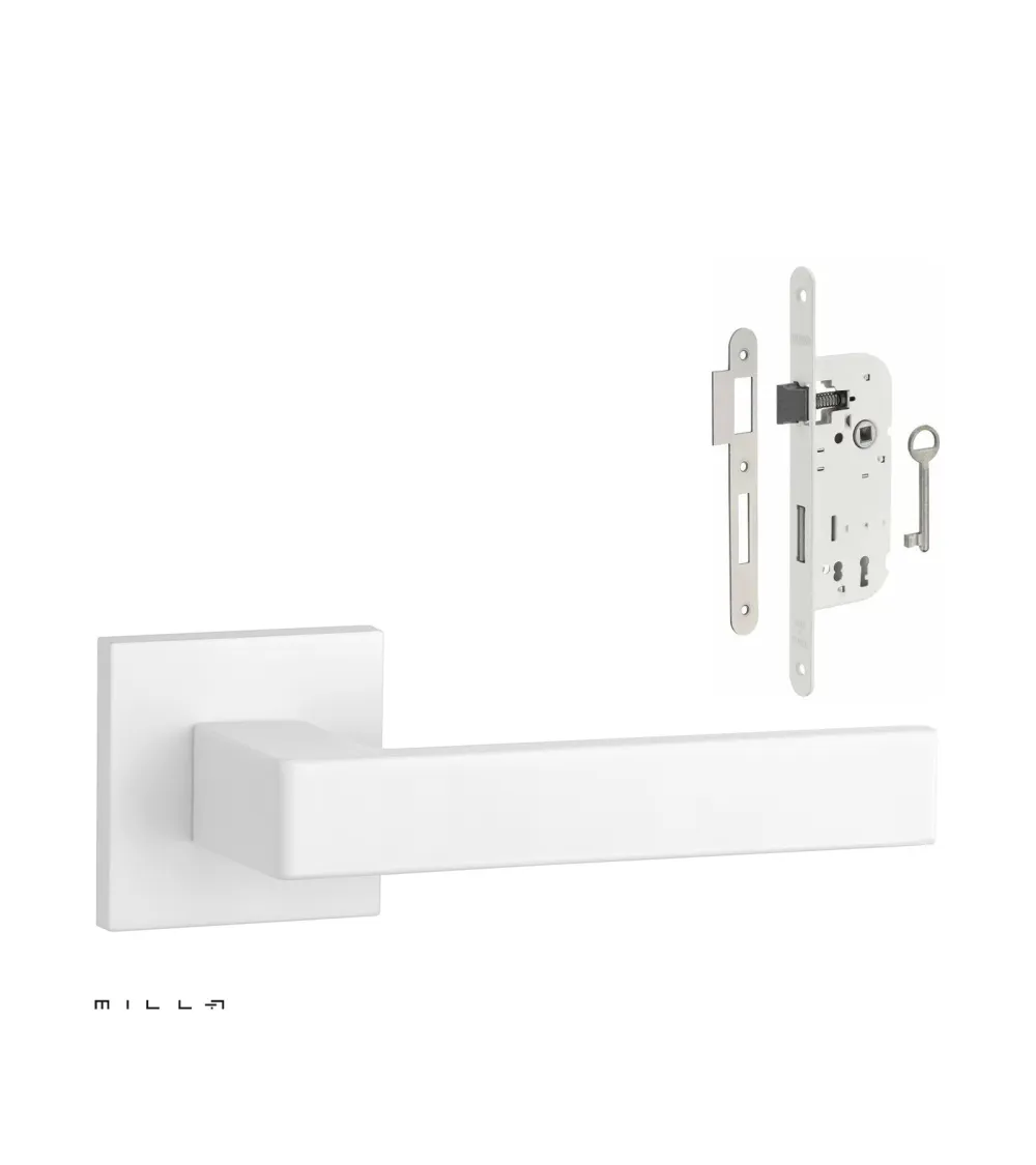 Set de tirador de puerta blanca SULLA con la cerradura Llave de Habitación blanca sobre fondo blanco