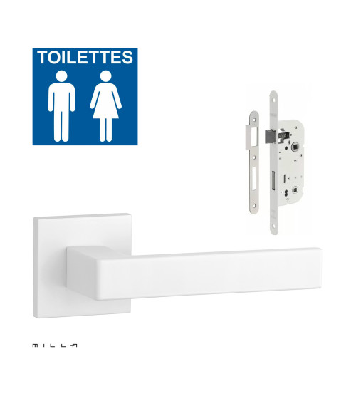 Set de tirador de puerta blanca SULLA con la cerradura WC blanca sobre fondo blanco