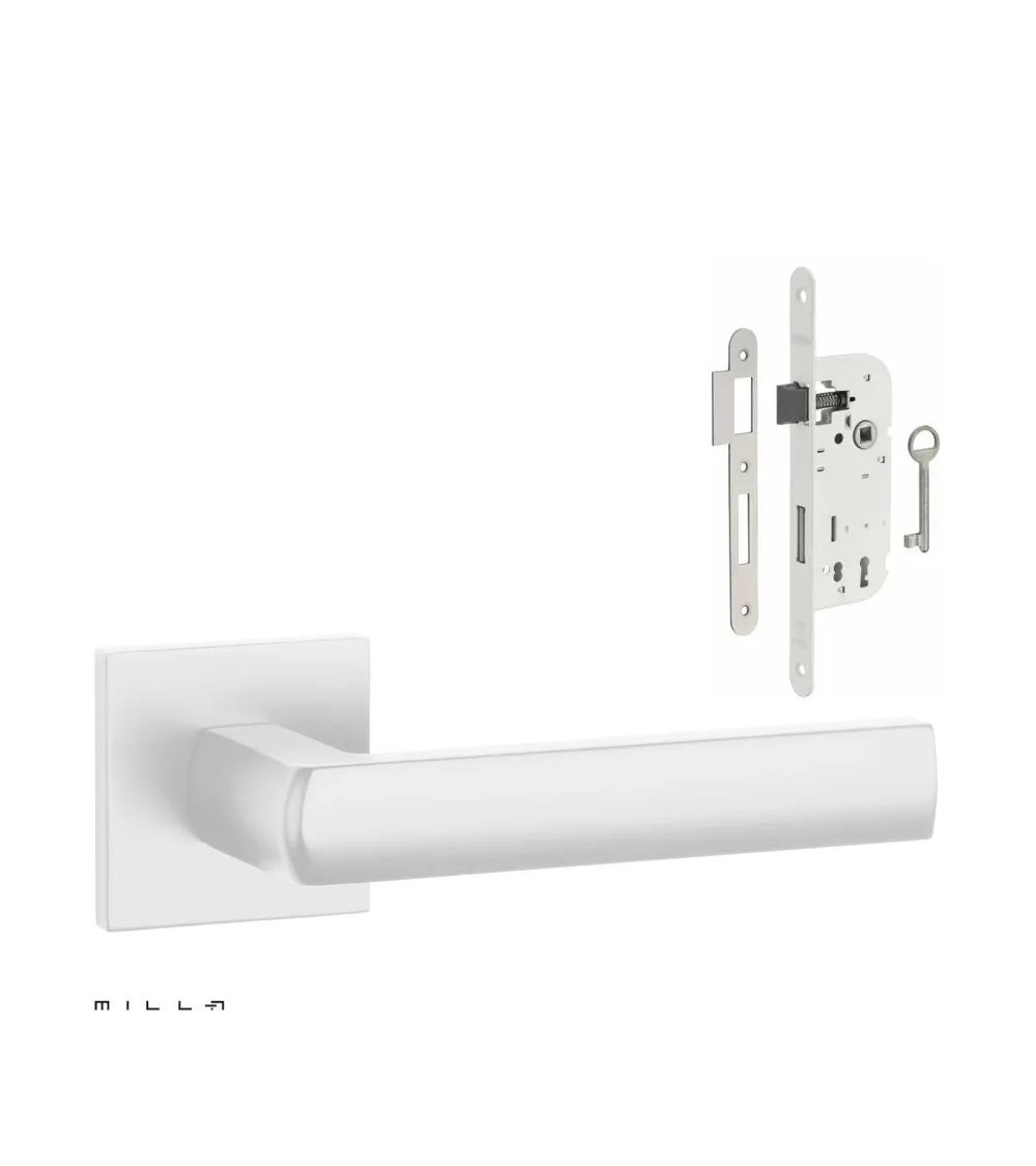 Set de tirador de puerta blanco HOSTA con la cerradura Clef de Chambre blanca sobre fondo blanco