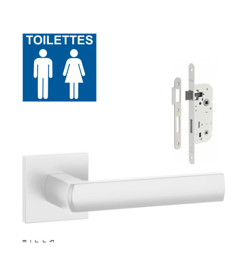 Set de tirador de puerta blanco HOSTA con la cerradura WC blanca sobre fondo blanco
