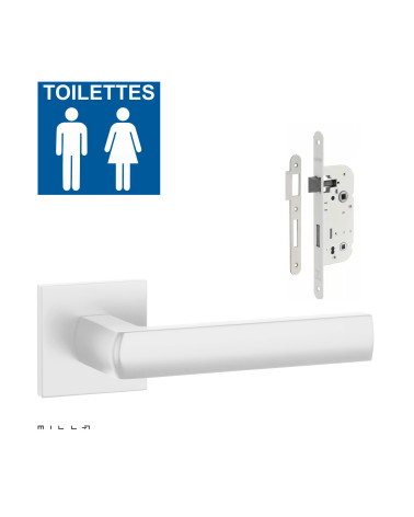 Set de tirador de puerta blanco HOSTA con la cerradura WC blanca sobre fondo blanco