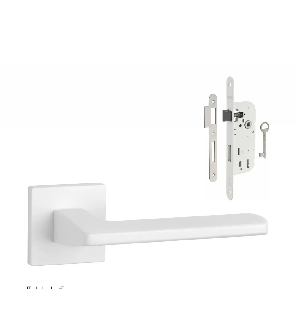 Set de manija de puerta blanca PYROLA con cerradura Llave de Habitación blanca sobre fondo blanco