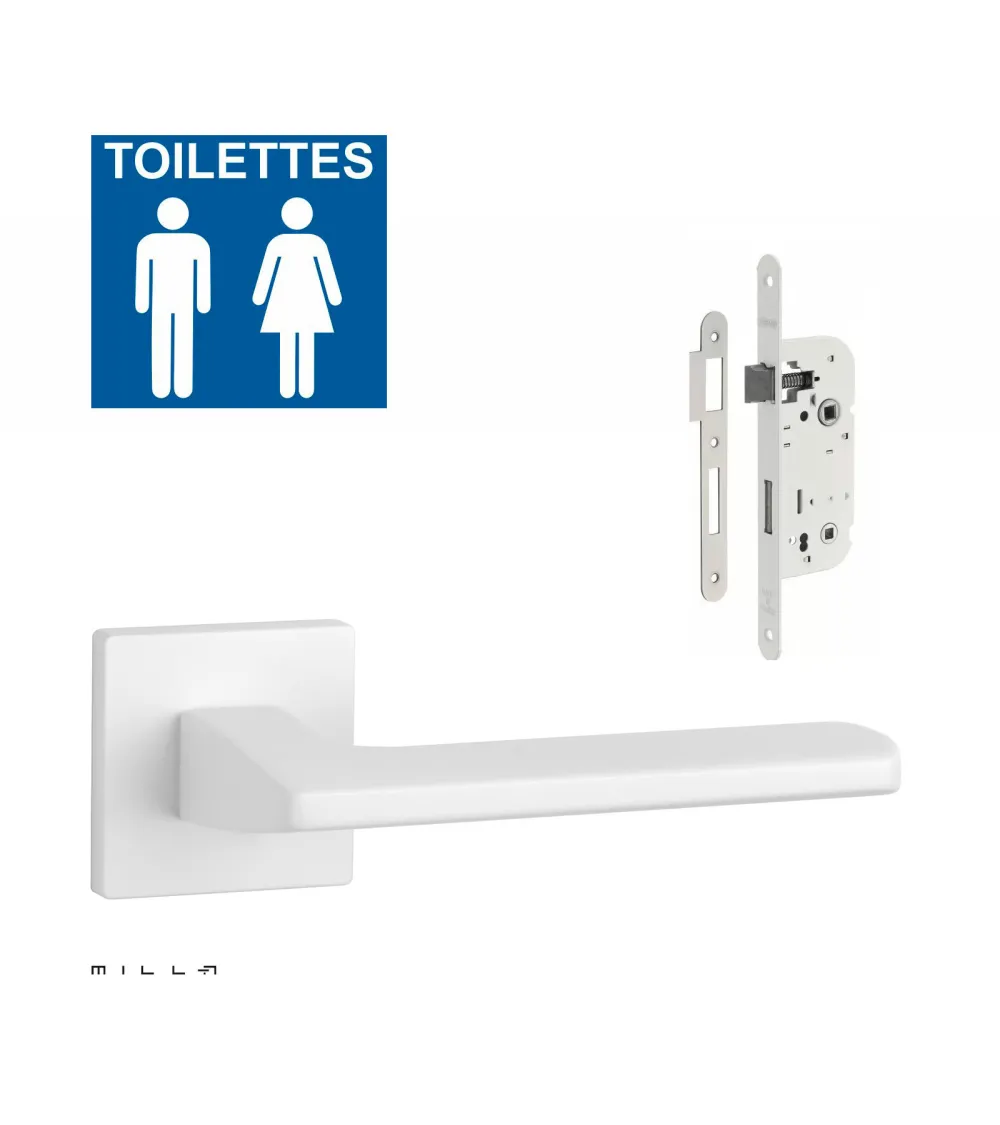 Set de manija de puerta blanca PYROLA con cerradura WC blanca sobre fondo blanco