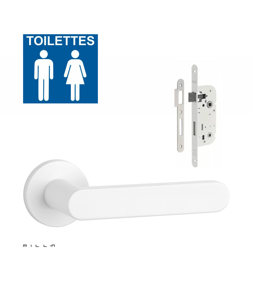Set de manija de puerta blanca ALORA con cerradura WC blanca sobre fondo blanco