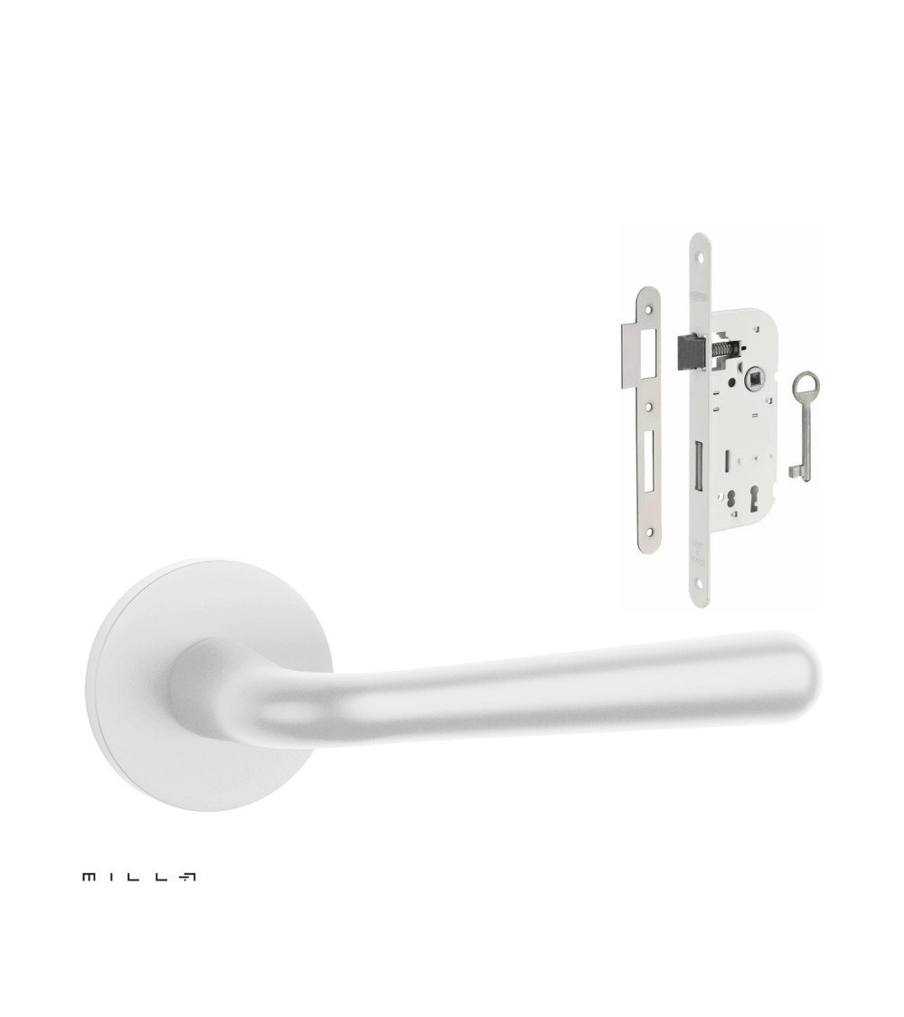 Set de manija de puerta blanca IRGA con cerradura Llave de Habitación blanca sobre fondo blanco