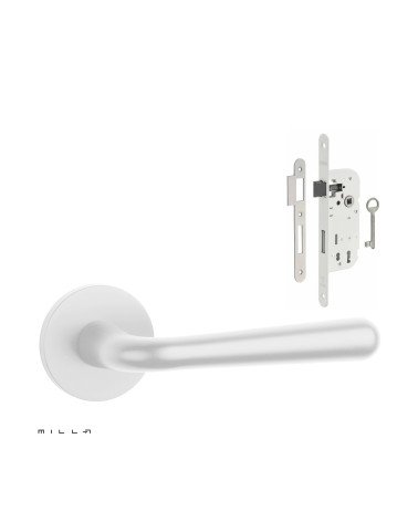 Set de manija de puerta blanca IRGA con cerradura Llave de Habitación blanca sobre fondo blanco
