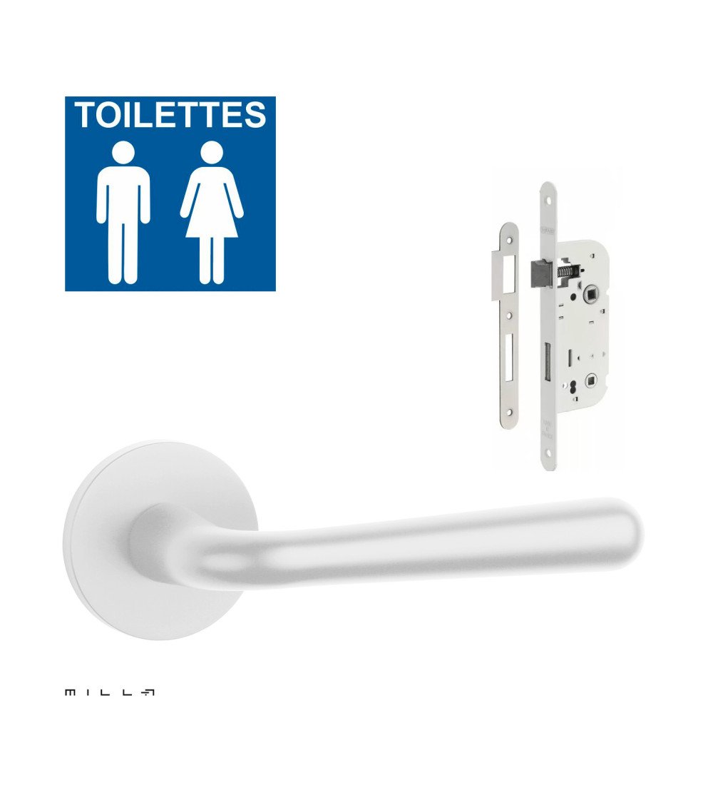 Set de manija de puerta blanca IRGA con cerradura WC blanca sobre fondo blanco