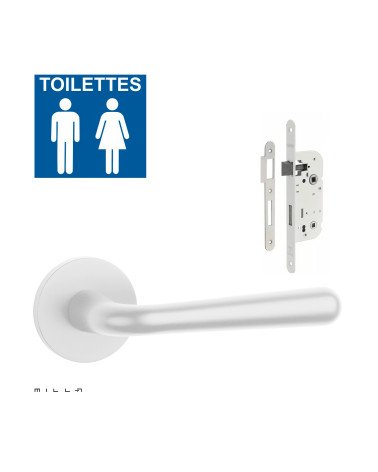 Set de manija de puerta blanca IRGA con cerradura WC blanca sobre fondo blanco