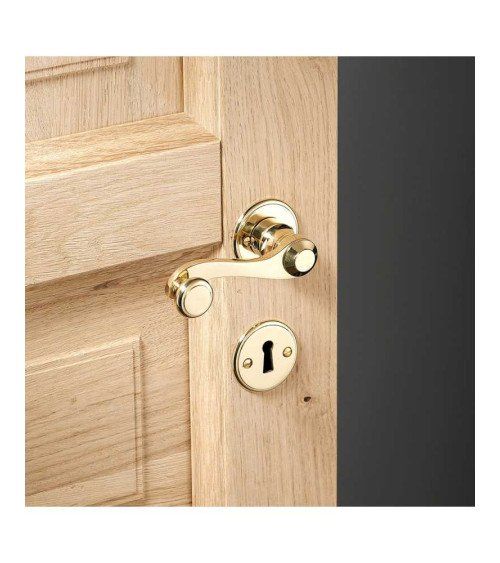 Conjunto manivela de puerta en latón sobre roseta redonda