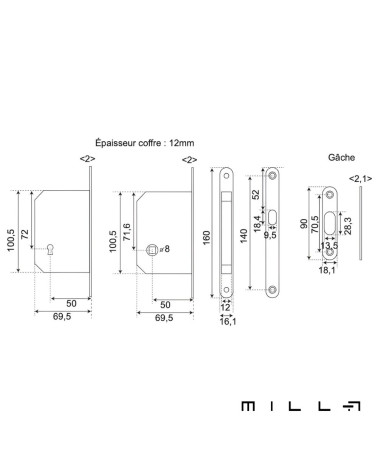 Kit para puerta corredera con cilindro negro manilla de diseño con dimensiones