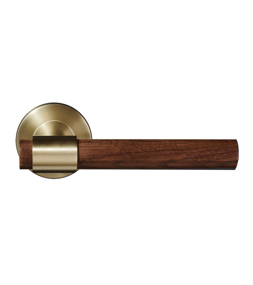 Manilla de puerta en madera natural de haya oscura tratada y dorada mate - Iraty