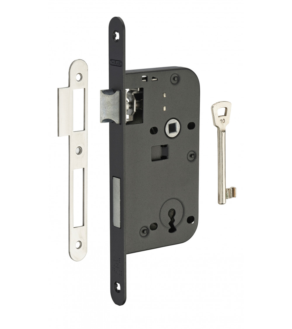 Cerradura empotrable negra Thirard NF placa de acero negro, eje 50mm, entre ejes 70mm, para dormitorio